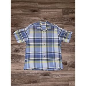 Tommy Bahama Shirt Mens Large Blue Green Plaid 100% Silk Camp Hawaiian Casual